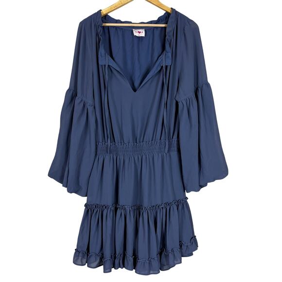 Buddy Love Mini Dress Womens M Blue V-Neck Tiered Long Sleeve Ruffle Cottagecore - Picture 2 of 8